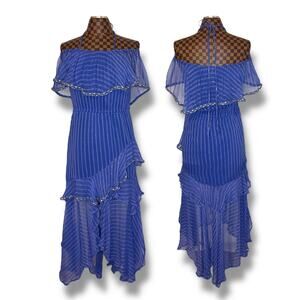 MISA Blue Off-Shoulder Dress Medium Asymmetrical Striped Gold Ruffle Goddess